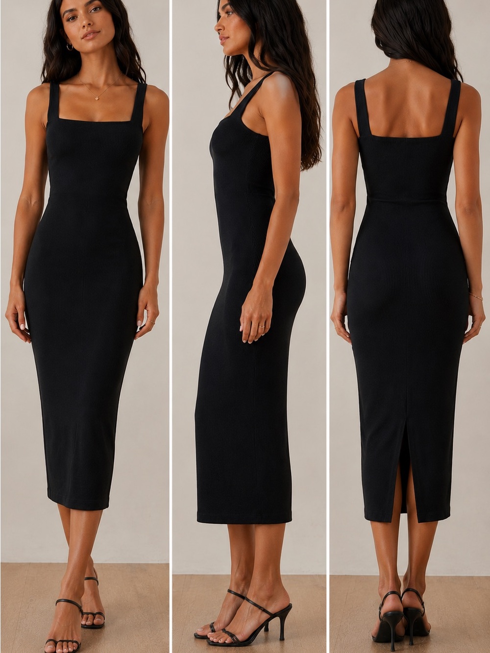 Reformation dress Square Neck Black Midi Dress - Elegant Bodycon